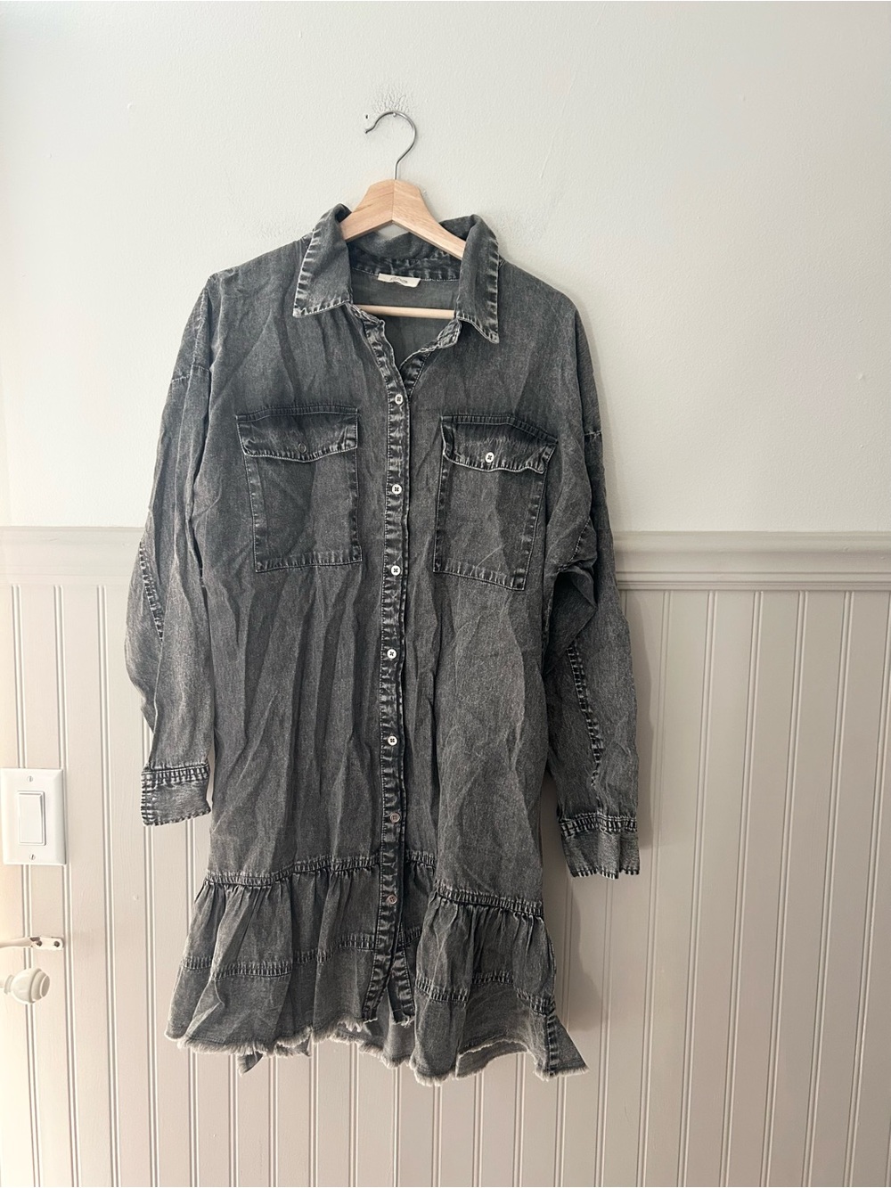 Elan Women’s Large Washed Black Cotton Button Front Shirt Dress
